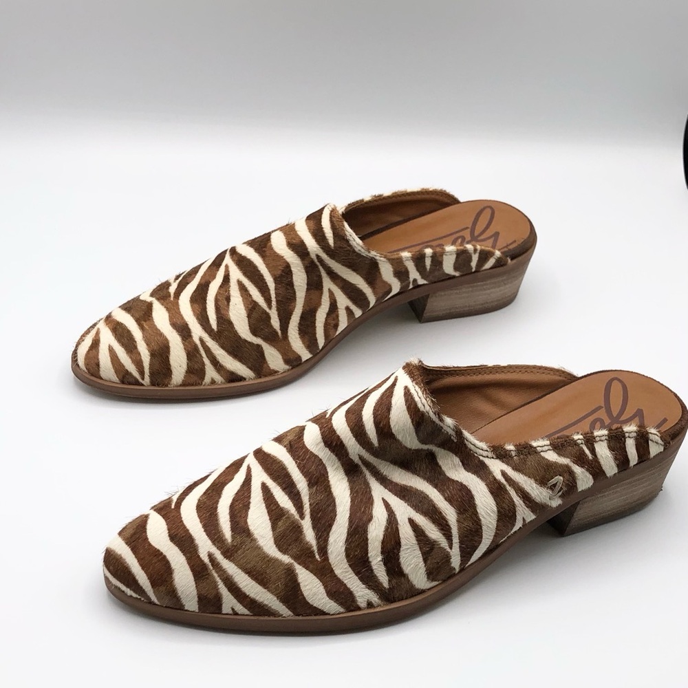 Zodiac Tan Cream Calf Hair Animal Print Heeled Mules - Women’s Size 8